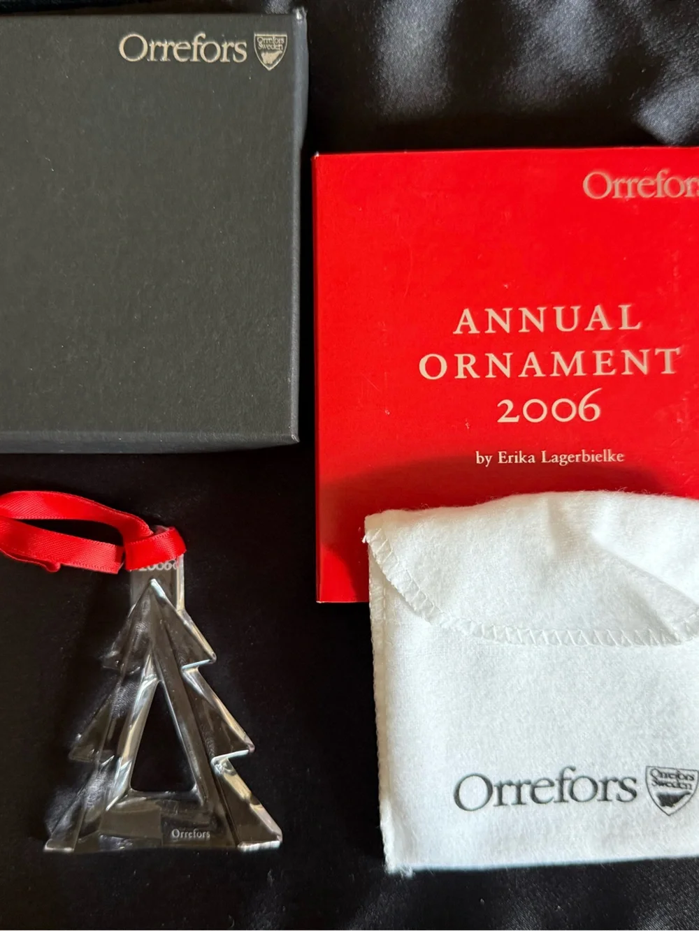 Orrefors 2006 Crystal Tree Ornament with Red Ribbon